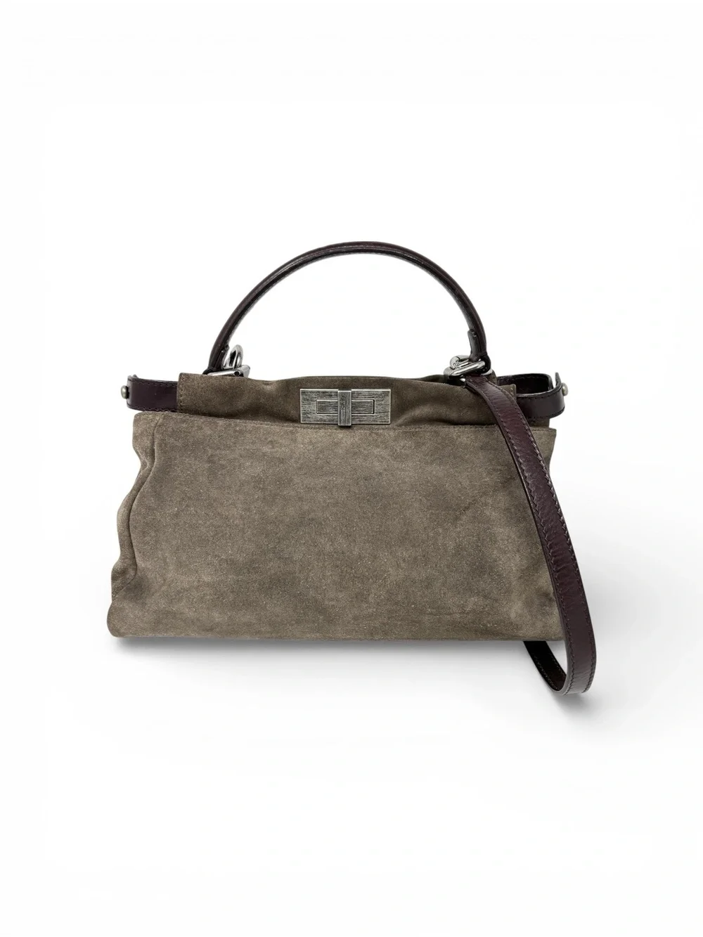 Fendi Peekaboo Top Handle Bag Dove Grey Suede Medium Silver Hardware - Picture 3 of 16
